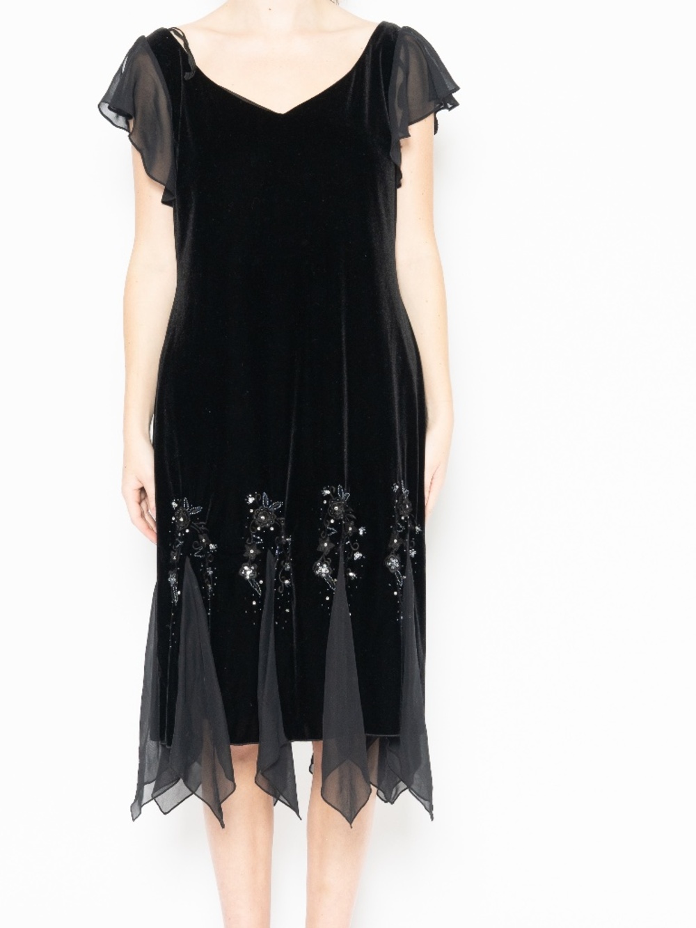 Vintage black velvet formal dress beaded mesh layers size 16 S.L. Fashions
